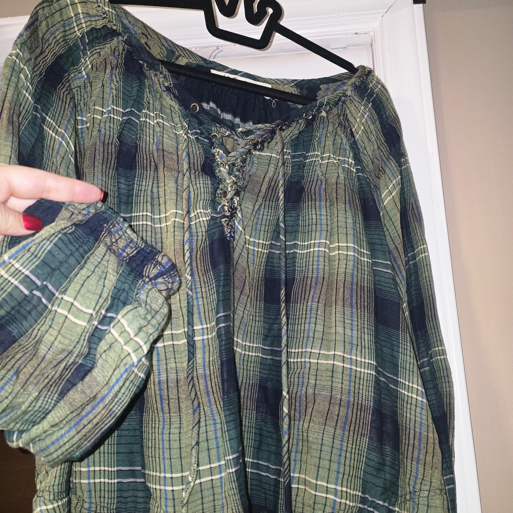 Free People Green and Blue Plaid Blouse